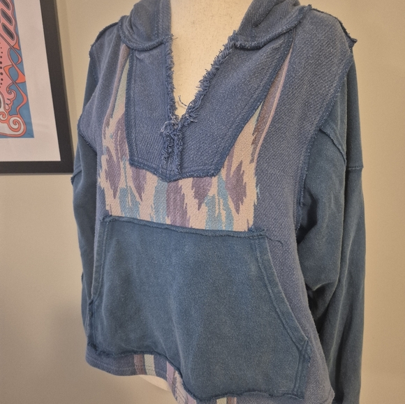 FREE PEOPLE Blue Hooded Baja Pullover poncho Like New Oversized  Hippie Boho - Picture 12 of 14